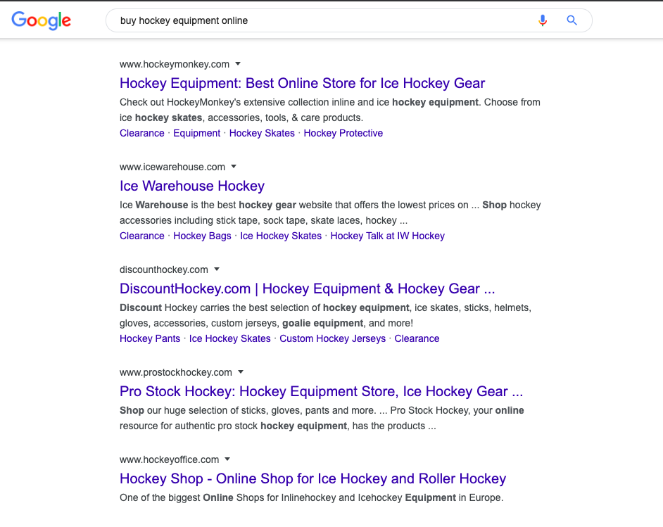 Examples of search results for hockey equipment