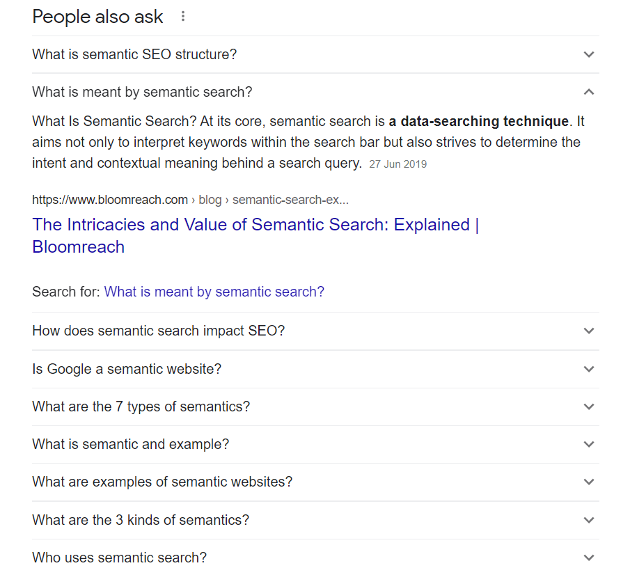 "People also ask” section in Google search results