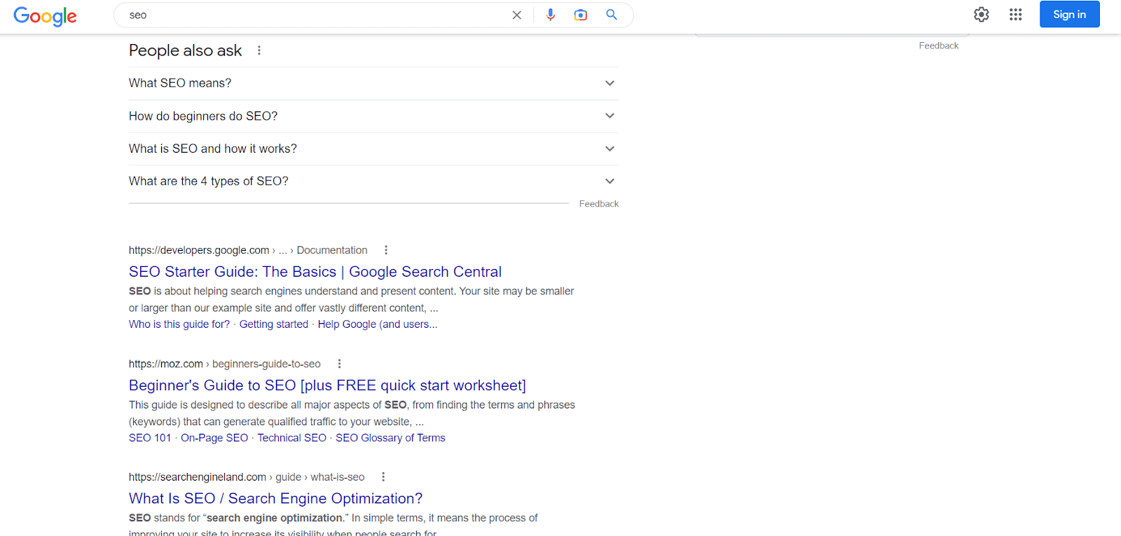 Example of semantic SEO content search results