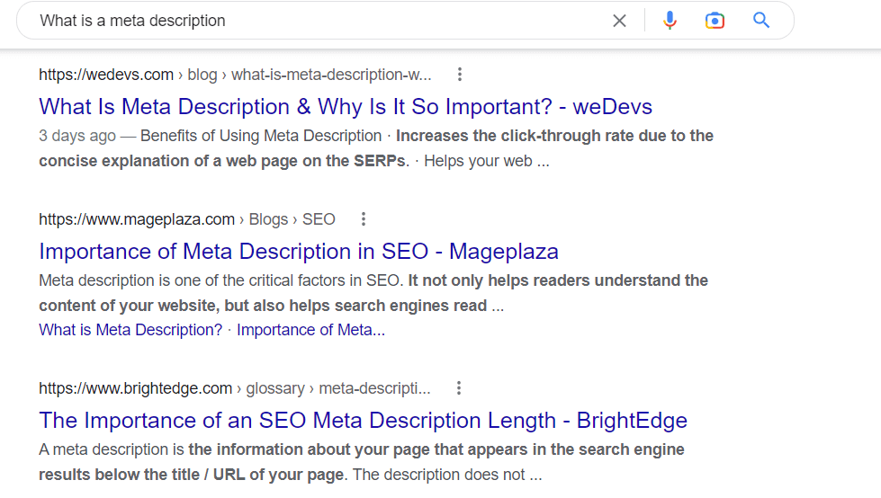 The boldened part of a meta description example