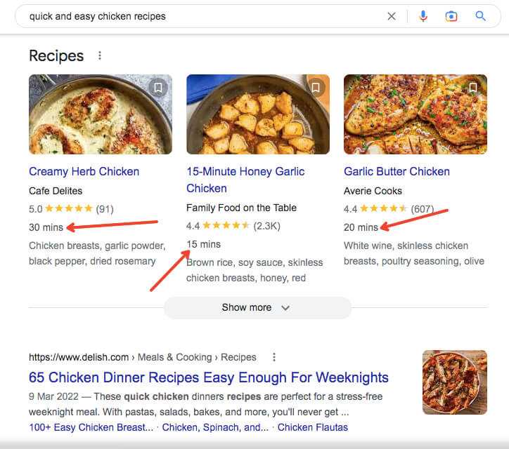 Example of search results meeting the search intent
