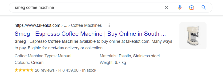 Example of a search results page that has been enriched with schema 