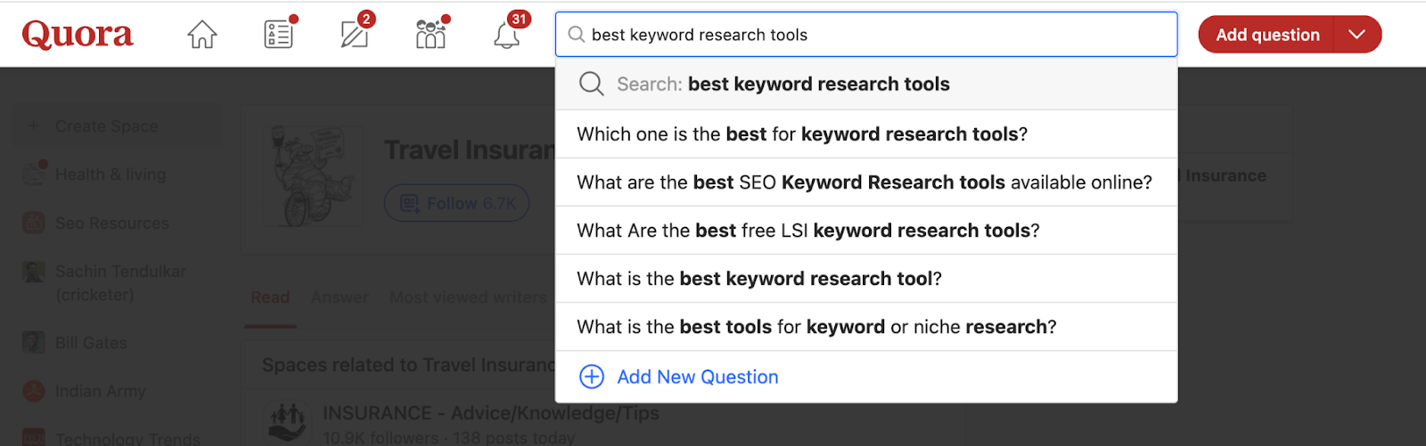 Quara auto-suggested keyword suggestions