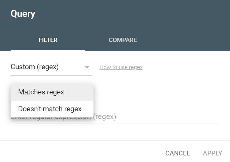 Google Search Console filtering by using regex
