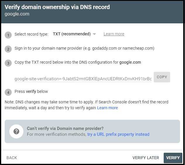 Verify domain ownership via DNS record