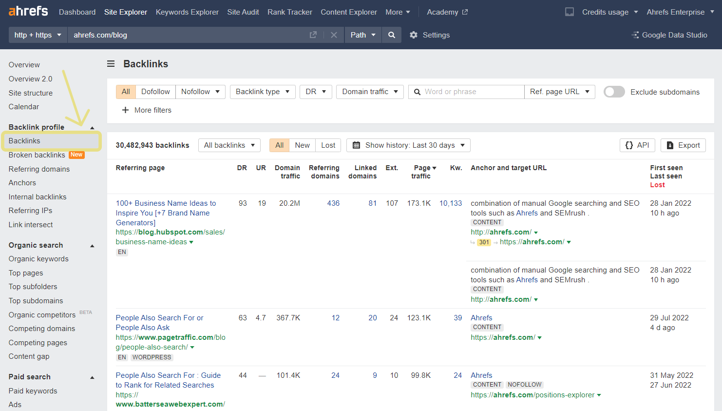 Ahrefs Backlinks tab to see a list of all the links pointing to the website